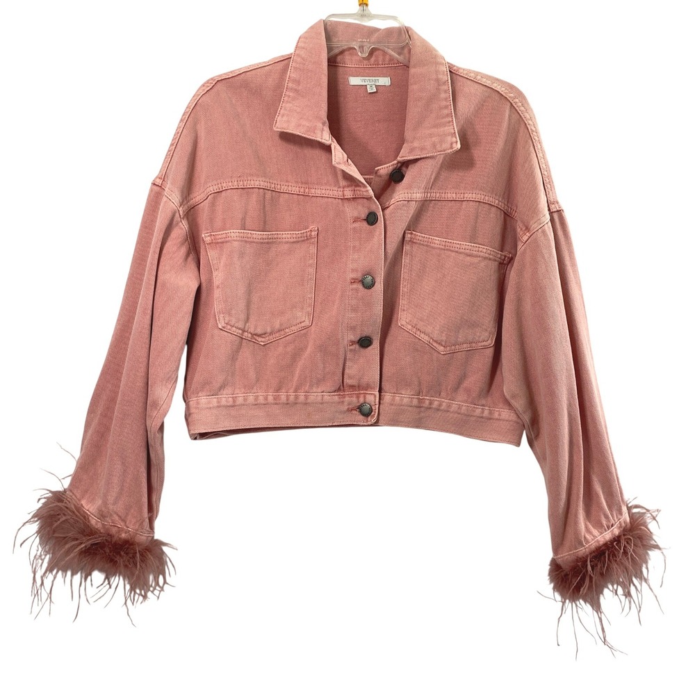 Veveret Denim Jacket Womens M Pink Cropped Feather Cuff Glam Boho Festival